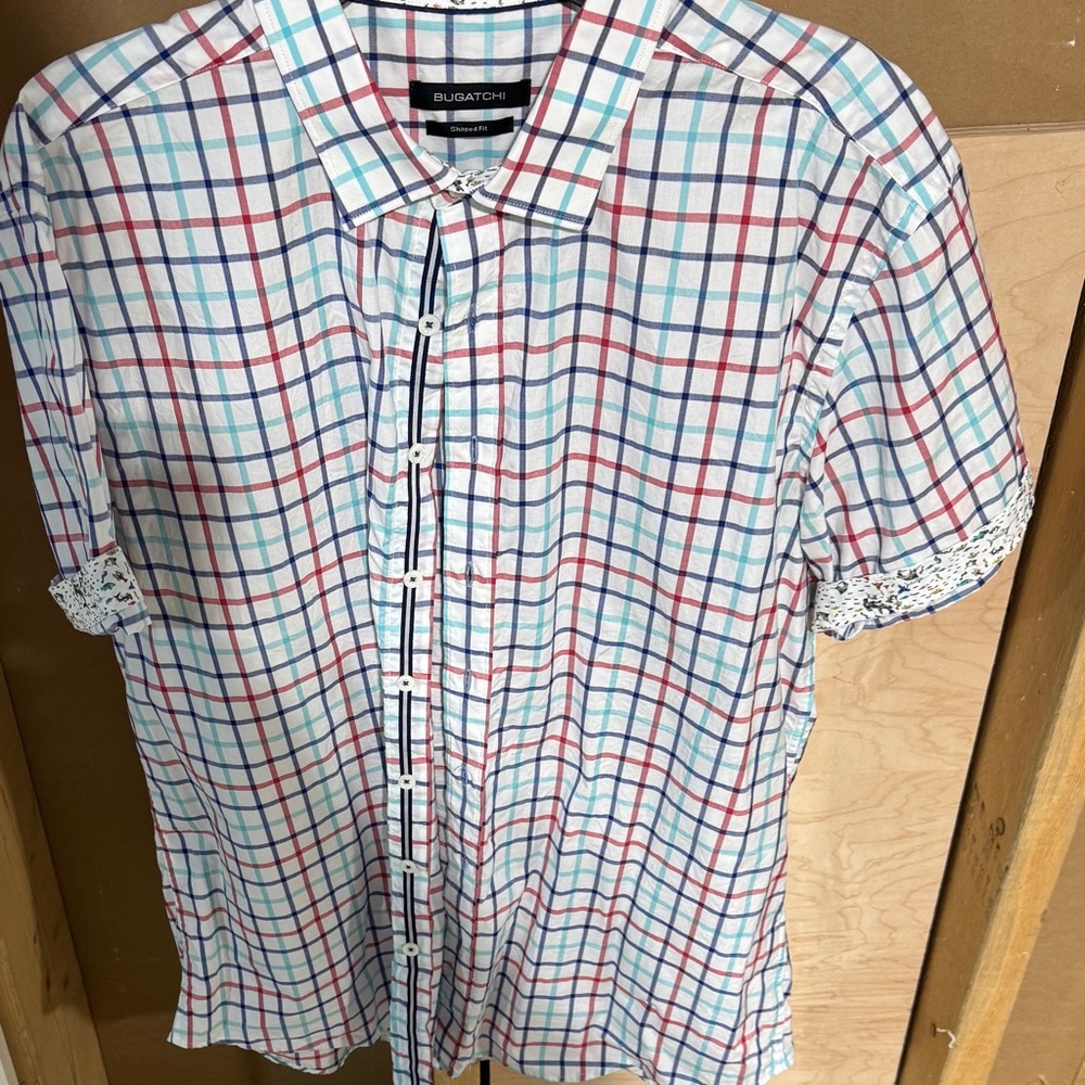 Bugatchi White Shirt with Red and Blue Grid Plaid